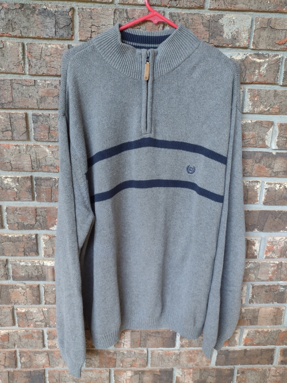 Chaps Quarter Zip Sweater Pullover Gray Navy Blue Stripe Logo Men's XL/TG/EG